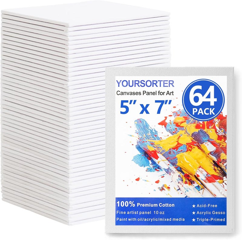 YOURSORTER Canvas Boards for Painting 64 Pack Bulk, 5x7 Inch Small Painting Canvases, Mini Canvas Panels Gesso Primed 100% Cotton for Acrylic Oil Watercolor Tempera, Ideal for All Skill Level - Image 1